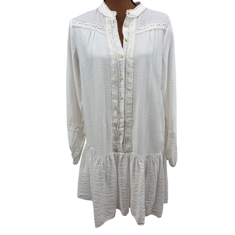 Boho Lace Zara Pintuck Drop Waist Shirt Dress Sz M Cottage Core, Peasant Dress